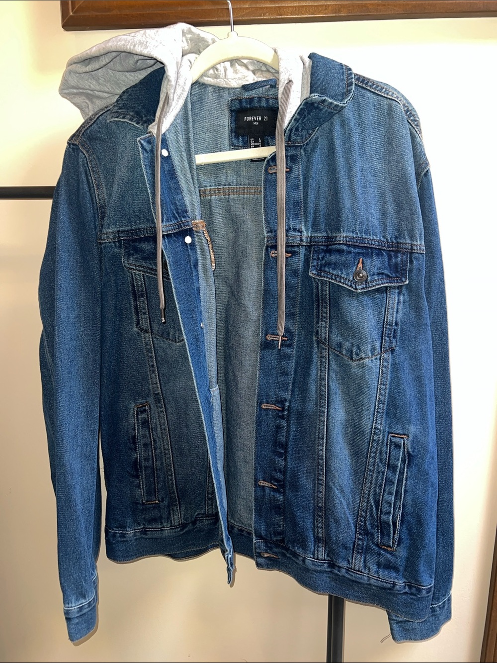 Forever 21 Blue Denim Jacket with Gray Hood WORN ONCE